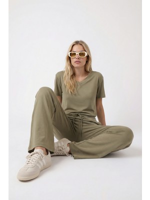 Ritnice Kadın Elya Modal Touch V Yaka Bel Lastikli Cepli Haki Alt Üst Takım