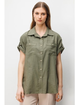 Ekol Kadın Büyük Beden Kısa Kollu Keten Gömlek 2524 Haki