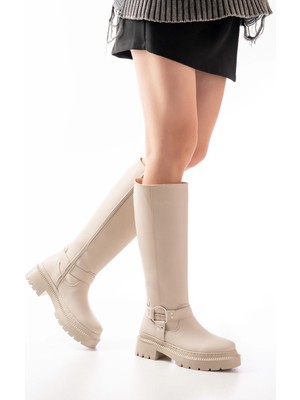 236-3021 Bej Fermuarlı Günlük Kadın Çizme
