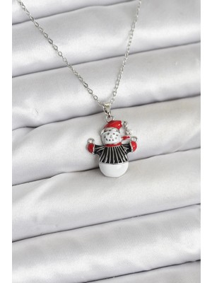 Luz&Pos 316L Çelik Zincir Gümüş Renk Kardan Adam Figürlü Yılbaşı Temalı Kadın Kolye