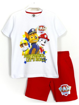 DobaKids Erkek Çocuk Paw Patrol Baskılı Alt Üst Şort Tişört Yazlık 2'li Takım Beyaz Kırmızı