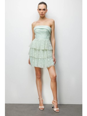 Ekol Kadın Eteği Katlı Mini Straplez Elbise 6022 Mint