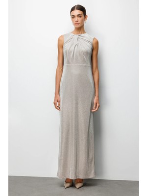 Ekol Kadın Büzgü Detaylı Sırt Dekolteli Simli Abiye Elbise 6094 Bej