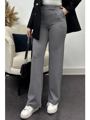 Tesettür Diyarı Kadın Likralı Krep Kumaş Cırt Cırtlı Pantolon-Gri