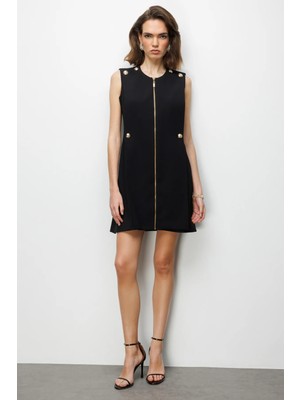 Ekol Kadın Süs Düğmeli Fermuarlı Midi Elbise 6004 Siyah