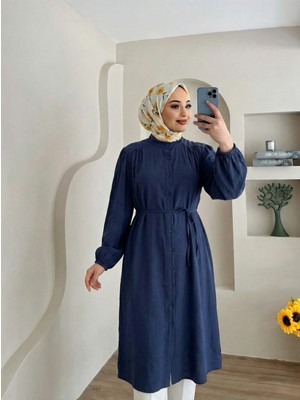 Miostil Hakim Yaka Omuz Büzgü Uzun Tunik-Lacivert