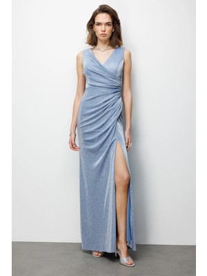 Ekol Kadın Büzgü Detaylı Yırtmaçlı Simli Abiye Elbise 6082 Indigo