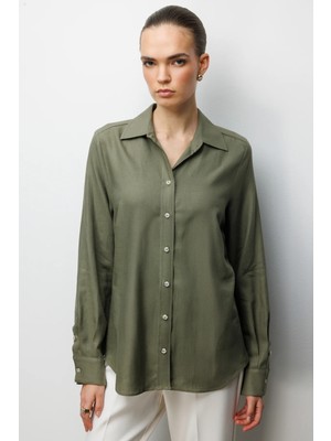 Ekol Kadın Polo Yaka Keten Gömlek 2026 Haki