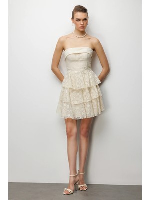 Ekol Kadın Eteği Katlı Mini Straplez Elbise 6022 Sarı