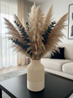 Mcy Dekor Minimalist Japandi Tarzı Bej Çiçek Vazosu - Bohem Dekoratif Obje