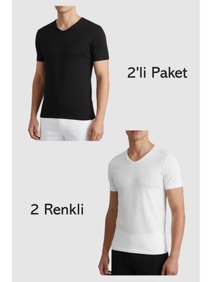 Balkonda Erkek V Yaka Tişört Modal 2'li Paket 2 Renk Esnek Slim Fit - Yıldız