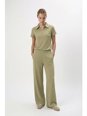 Ritnice Kadın Nola Modal Touch Fermuarlı Polo Yaka Bel Lastikli Cepli Haki Alt Üst Takım