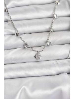 Luz&Pos Zirkon Taşlı Kutup Yıldızı Model Pirinç Gümüş Renk Kadın Kolye