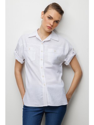 Ekol Kadın Kolu Katlamalı Keten Gömlek 2024 Ekru