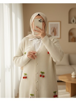 Modamorfo Kirazlı Top Düğmeli Triko Hırka -Krem