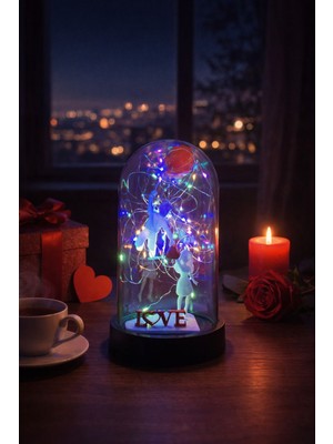 Novatech İnovasyon Fanus Içinde Çift Figürlü “love” Yazılı Peri LED Dekoratif Işık Ev Dekorasyonu Sevgili, Yıl Dönümü, Doğum Günü Hediyesi