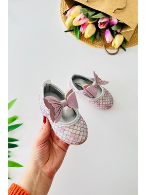 Miniğimin Cicileri Simli Denizkızı Fiyonklu Parlak Desenli Kız Çocuk Babet - Pembe