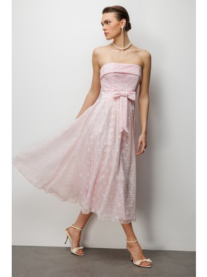Ekol Kadın Kurdele Detaylı Straplez Elbise 6024 Pembe