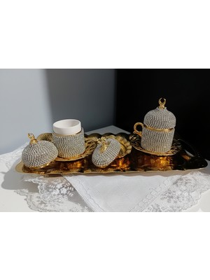 Meya Design Dekoratif Kahve Fincanı Seti Tepsili – Zamak Gövdeli Seramik Fincan 30 × 15 cm