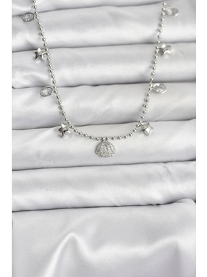 Luz&Pos Pirinç Gümüş Renk Zirkon Taşlı Deniz Kabuğu Model Kadın Kolye