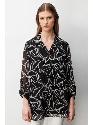 Ekol Kadın Büyük Beden Polo Yaka Transparan Gömlek 2538 Siyah