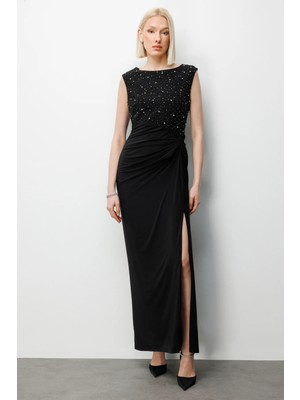 Ekol Kadın Taş Işlemeli Yırtmaç Detaylı Maxi Abiye Elbise 6100 Siyah