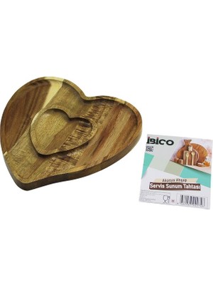 Nemere Akasya  Kalp Model   2 Bölmeli=1+1  Ahşap Bambu Servis Sunum Tepsi - Tahtası  20.5 x 19.5 x 1.4