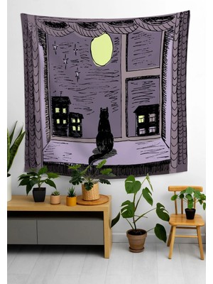 Alamodecor Pencereden Dışarı Izleyen Siyah Kedi Baskılı Vintage Anime Model Duvar Örtüsü Duvar Halısı