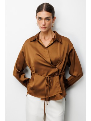 Ekol Kadın Kruvaze Yaka Bağcıklı Gömlek 2862 Kakao