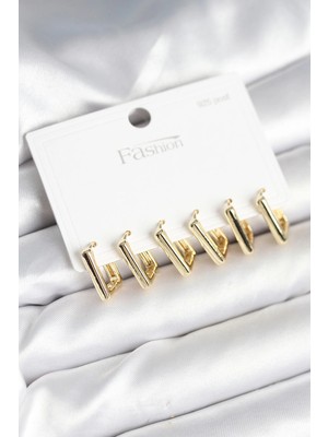 Luz&Pos Gold Renk Kare Model Pirinç 925 Ayar Gümüş Çivili Kadın Küpe Seti