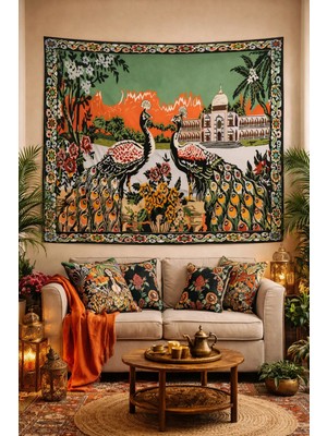 Alamodecor Eski Evlere Asılan Duvar Halısı Renkli Tavuz Kuşu Eskitme Nostaljik Duvar Örtüsü