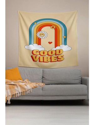 Alamodecor Gökkuşağı Good Vibes Yazılı Baskılı Vintage Anime Model Duvar Örtüsü Duvar Halısı