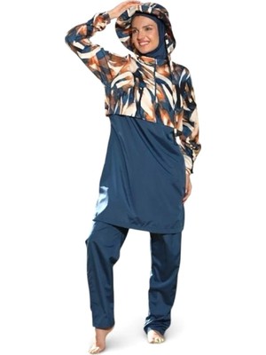 Estiva Dijital Baskı Şapkalı Croplu Dokuma Kapalı Tesettür Mayo