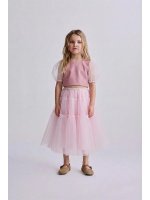 Magu Kız Çocuk Pamuklu Simli Tül Kollu Bluz ve Kat Kat Tül Etek Takım