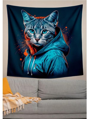 Alamodecor Insan Görünümlü Kedi Model Baskılı Vintage Anime Model Duvar Örtüsü Duvar Halısı