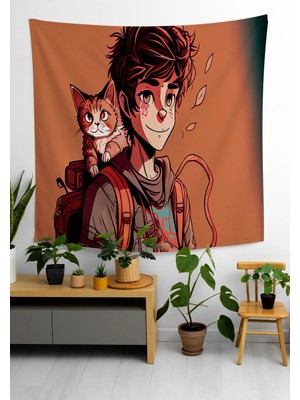 Alamodecor Dünya'yı Gezen Kedili Anime Baskılı Vintage Anime Model Duvar Örtüsü Duvar Halısı