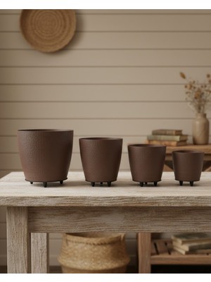 Adat 4’lü 3D Şık Kahverengi Vazo Seti Modern Ayaklı Saksı