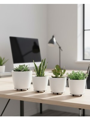 Brf 4’lü 3D Beyaz Minimal Dekoratif Vazo Ayaklı Saksı Takımı