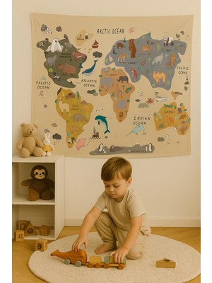 Alamodecor Organik Pamuklu Kumaş Dünya Haritası Duvar Örtüsü Çocuk Odası Hayvanlı Dünya Haritası