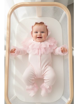 Miniday Baby Kız Bebek Mevlütlük Tulum Dantelli Şapkalı  %100 Pamuklu Hastane Çıkışı