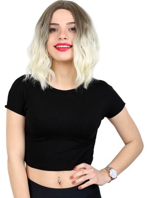 Indispensablely Fiber Sen Kısa Dalgalı Perçemsiz Peruk / Küllü Açık Kahve / Platin Ombreli