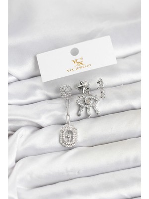 Luz&Pos Pirinç Gümüş Renk Göz ve Kutup Yıldızı Model Ysx Trio Küpe Seti