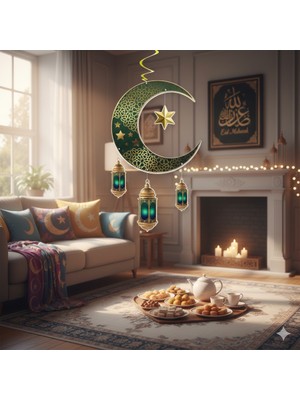 Dodomar Ramazan Ay Yıldız Kandil Tavan Süs Sarkıt 90X30 cm Yeşil Dekor