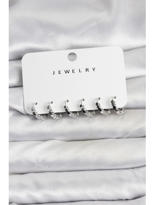 Luz&Pos Gümüş Renk Pirinç Minimal Petek Detaylı Kadın Küpe Seti