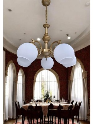 Dede Çicek Kol Beş Kollu Avize Eskitme Statik Boyalı Mat Beyaz Camlı