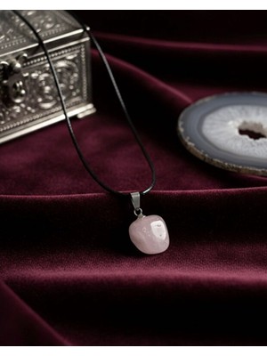 Meneva Aksesuar Pembe Kuvars Doğal Taş Ham Kesim Deri Ipli Kolye