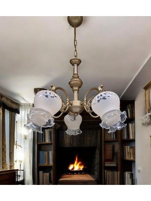 Dede Çicek Kol Beş Kollu Avize Eskitme Statik Boyalı Mat Somon Rengi Camlı