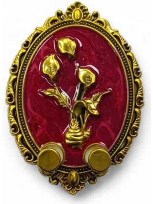 abnturk Kırmızı Yapışkanlı Duvar Kapı Askısı Altın Kaplama Çiçek ve Kenar Kırmızı Jel Görünümlü 11 cm