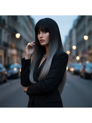 Indispensablely Düz Perçemli Uzun Fiber Sen Peruk / Siyah / Gri Ombreli