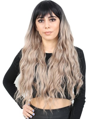 Indispensablely Perçemli Uzun Su Dalgası Fiber Sen Peruk/ Siyah / Küllü Bebek Sarı Ombreli